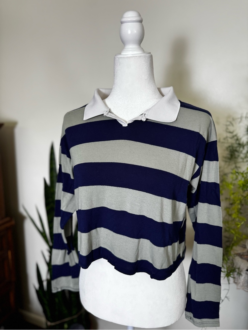 Striped Polo long sleeve in Navy and Sage